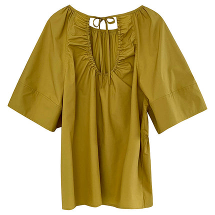 Taochuan Backless Discreet~Round Neck Elegant Slimming Look Versatile Waist Design Cut Out Short-Sleeved Shirt for Women 5385