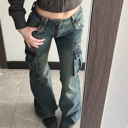 American Retro Pocket Tooling Micro Horn Tooling Jeans Women's New Low Waist Slimming Design Sense Long Trendy Pants