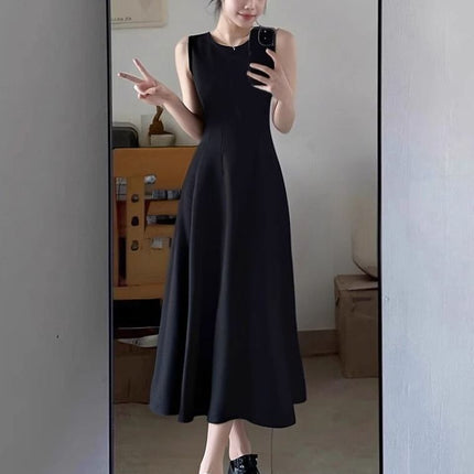 Little Black Skirt Black Sleeveless Dress Women's Summer French Hepburn Style High-End A-Line Pinch Waist Long Skirt