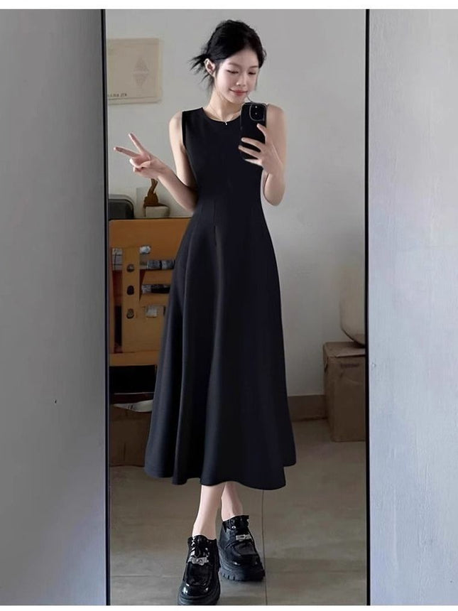 Little Black Skirt Black Sleeveless Dress Women's Summer French Hepburn Style High-End A-Line Pinch Waist Long Skirt