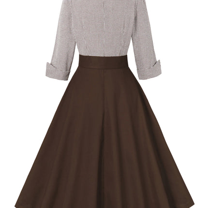2024 Cross-Border Retro Cotton Dress for Women European and American Hepburn Style Plaid Splicing Coffee Three-Quarter Sleeve Large Hem Skirt