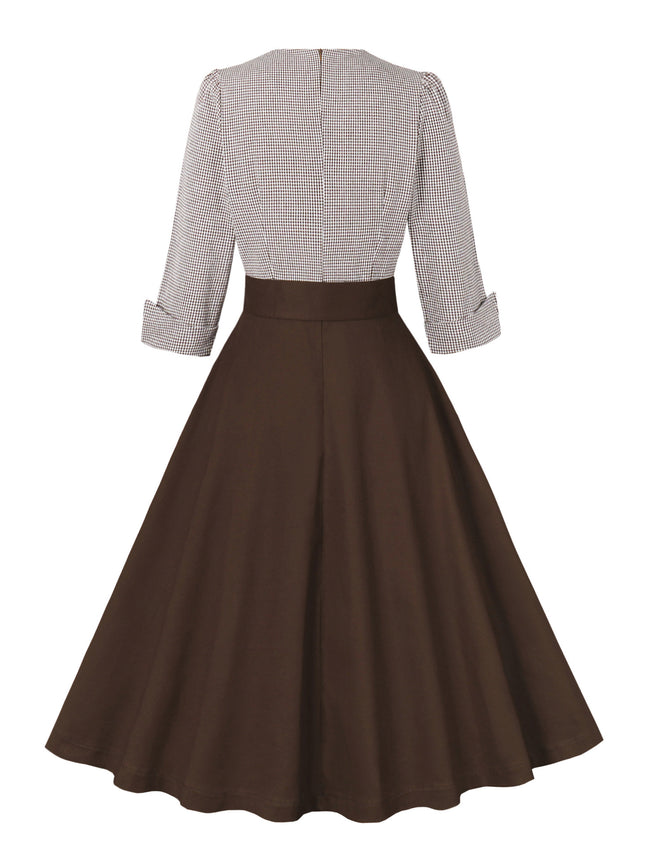 2024 Cross-Border Retro Cotton Dress for Women European and American Hepburn Style Plaid Splicing Coffee Three-Quarter Sleeve Large Hem Skirt
