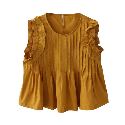 Summer New French Sweet Fungus Lace Organ Pleat Loose All-match Sleeveless Cotton Shirt Women's Vest Top