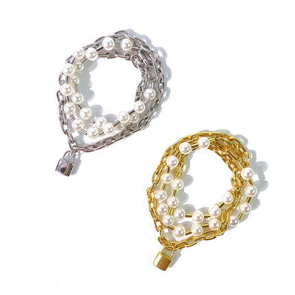 Guangzhou Factory European and American Style Fashion Pearl Thick Chain Multi-Layer Lock Pendant Three-Circle Bracelet for Women Ins Niche Bracelet