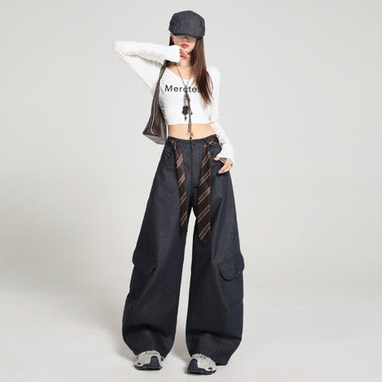 Army Green Silhouette Scimitar Workwear Casual Pants for Women, New Autumn American High Street Loose Drape Wide-Leg Floor-Length Pants