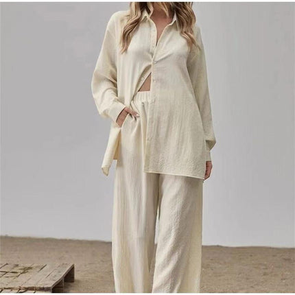 2024 European and American women's shirt pants set long sleeve lapel shirt and elastic pants 2 piece set fashion office suit