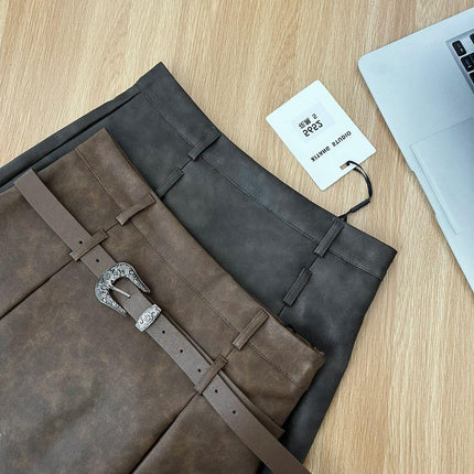 american Retro Hot Girl a-line Skirt Women's autumn New High Waist pu Leather Skirt Hip Skirt Rubbed Color Distressed Short Skirt