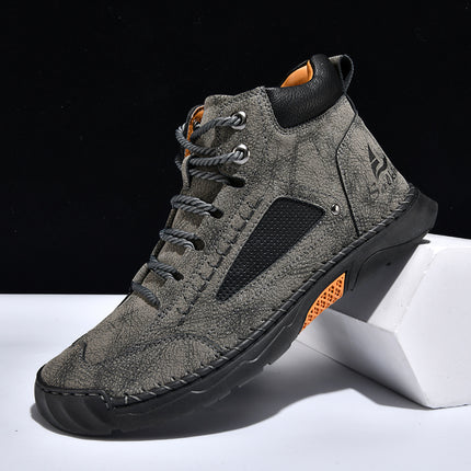 Cross-Border Plus-Size Men's Pu Leather Boots, Men's Fashion Handmade Stitched Ankle Boots, Flat Lace-Up Casual Shoes