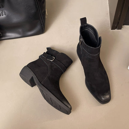 Cow Suede Retro Maillard Short Boots for Women 2025 Autumn and Winter New Belt Buckle Side Zipper Thick Heel Western Cowboy Boots