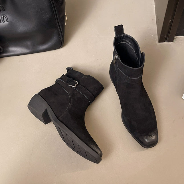Cow Suede Retro Maillard Short Boots for Women 2025 Autumn and Winter New Belt Buckle Side Zipper Thick Heel Western Cowboy Boots