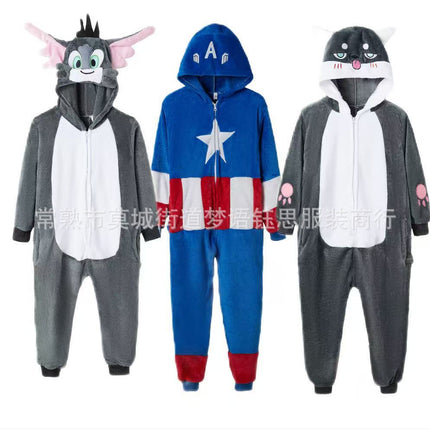 2025 New Flannel Mixed Wholesale Animal Cartoon One-Piece Pajamas Tom Cat Toilet Version Warm Home Clothes