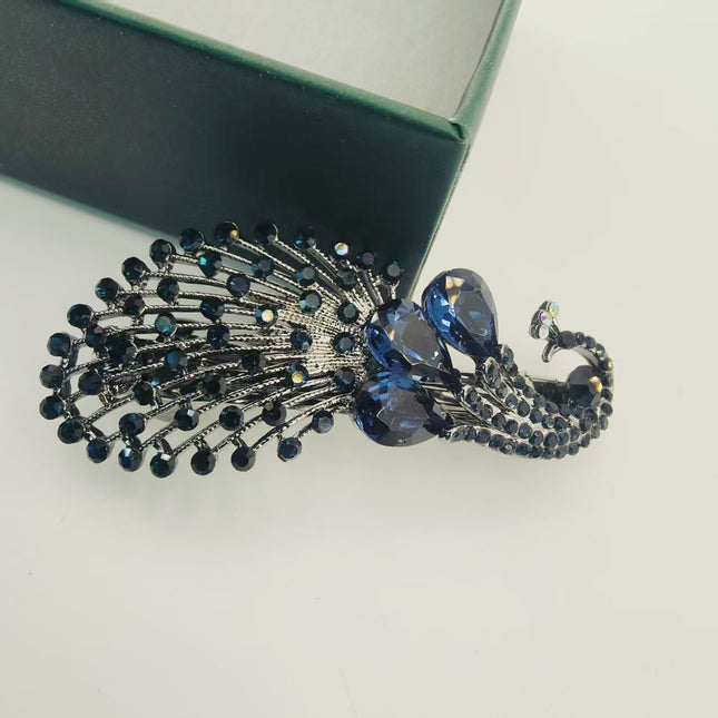 Cross-border New Peacock Spring Clip Half Tie Hairpin Top Clip Horizontal Clip Simple Fashion Retro Rhinestone Hairpin