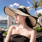 Wide brimmed bowknot hat - beige with black trim / M（56-58cm）