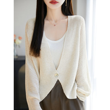 Sun Protection Cardigan Lyocell Linen V Neck Cut Out Bat Sleeves with One Button Knitted Jacket Women's Air-Conditioned Blouse