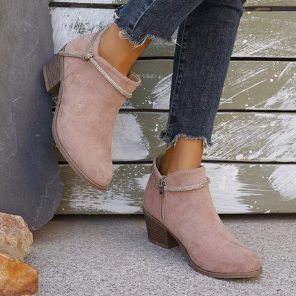 Rhinestone Strap Short Boots Autumn and Winter Fashion Casual Women's Ankle Boots Side Zipper Solid Color Round Toe Chunky Heel Women's Boots