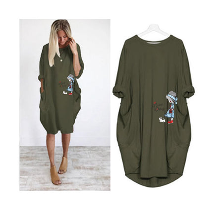Factory direct sale wish AliExpress foreign trade women's casual loose pocket long sleeve plus size fat sister dress