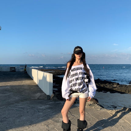 American Style Spice Girls Shoulder Letter Print Long-sleeved T-shirt Women's Early Autumn Mid-length Casual Loose Laid-back Shoulder Top