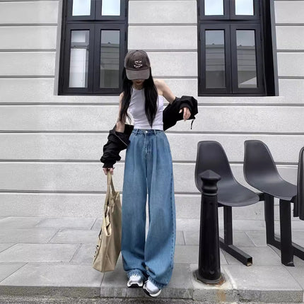 American Retro Distressed High-Waisted Straight Jeans for Women 2024 Spring and Autum New Fashion Versatile Loose Floor-Length