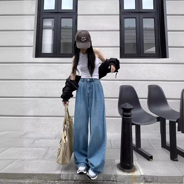 American Retro Distressed High-Waisted Straight Jeans for Women 2024 Spring and Autum New Fashion Versatile Loose Floor-Length