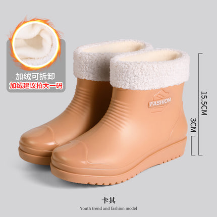 Short-Tube Student Adult Women's Non-Slip Overshoes, Wear-Resistant Rain or Shine Shoes, Women's Water Shoes, Women's Soft-Soled Plus Cotton Rubber Shoes, Waterproof and Velvet