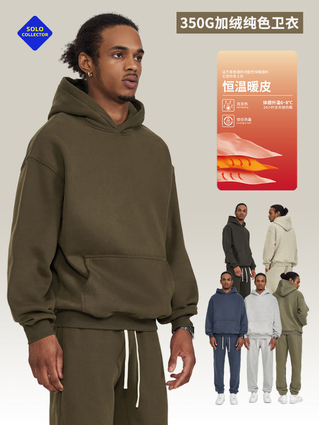 2026 Autumn and Winter 350g Fleece-Lined Trendy Brand Hooded Sweatshirt for Men, Solid Color, Loose Fit, Thickened Oversize Jacket, Cross-Border