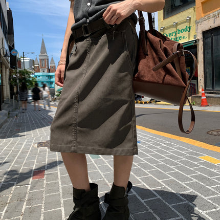 Neihe Vintage Straight Mid-Length Leather Skirt for Women, Autumn New Style Skirt Cm255073