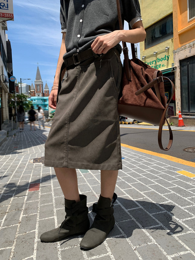 Neihe Vintage Straight Mid-Length Leather Skirt for Women, Autumn New Style Skirt Cm255073