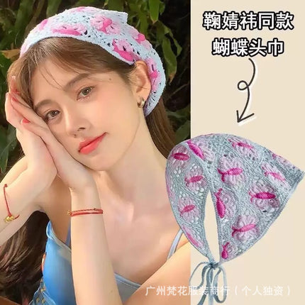 Hot Girl Internet Celebrant Photo Flower French Style Triangle Scarf Headscarf Women's Cute Knitted Hair Band Silk Scarf High-grade Headwear Summer