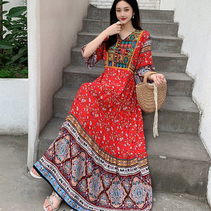 Amazon Cotton Silk Beach Dress Ethnic Style Large Swing Dress V-Neck Mid-Sleeve Dress Embroidered Vintage Floral Long Dress