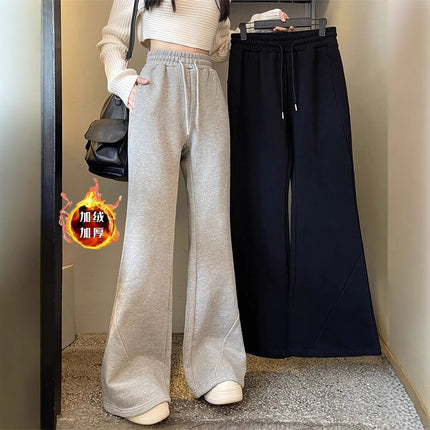 Horn Sweatpants Women's Fleece-lined Pants 2024 Autumn and Winter New Sports Pants Thickened High Waist Grey Fashion Casual Pants