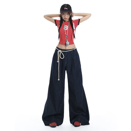 Bumi House Retro Original Cow Color with Drawstring Hot Girl Style Retro Drooping Sense Straight Tube Loose Double Pleated Wide Leg Jeans for Women