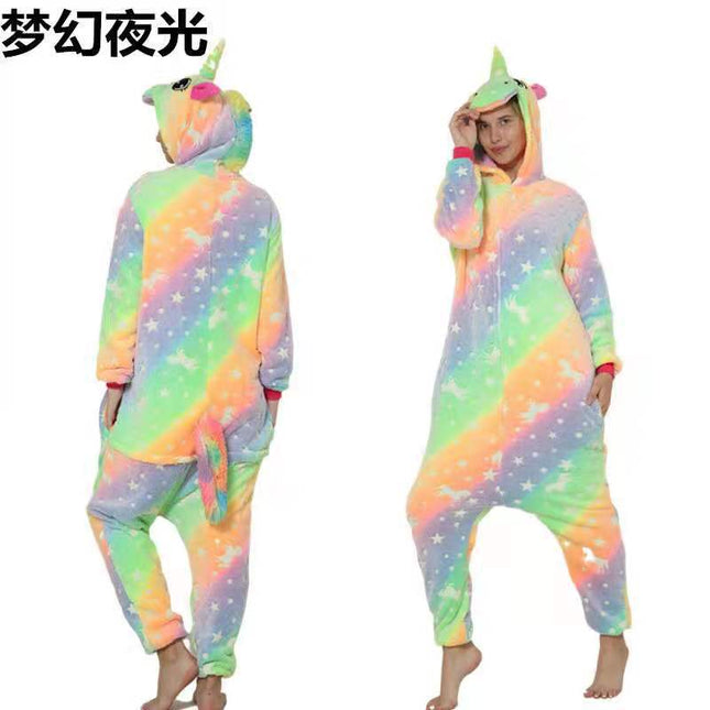 Cartoon One-Piece Cross-Border New Flannel Autumn and Winter Pajamas Animal Luminous Pegasus Dinosaur Couple Pajamas Home Clothes