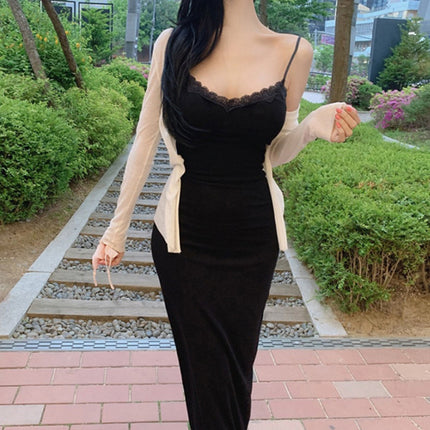 South Korea Dongdaemun Tight Sexy Padded Chest Backless Figure Low-cut Lace Long Split Sling Dress for Women