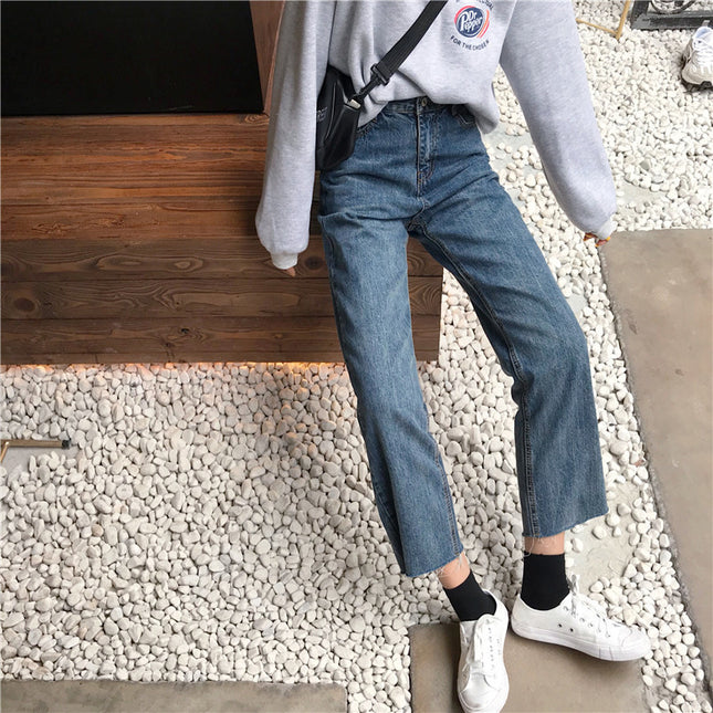 High Waist Small Straight Jeans Women's Spring and Autumn Vintage Slim Fit Cyber Celebrity Loose Rouge Cropped Stretch Pipe Pants