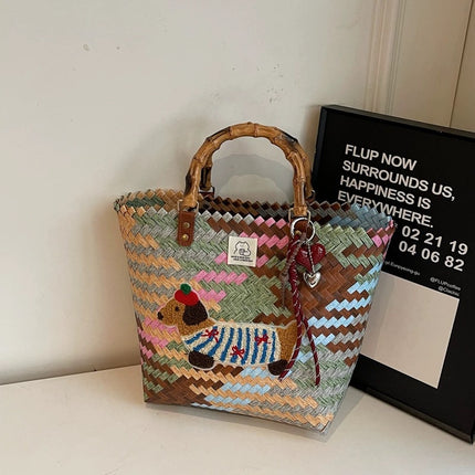 Hand-Held Vegetable Basket, Dachshund Dog Retro Woven Bag, Rattan Commuting Holiday Style Large-Capacity Beach Bag, Bamboo Hand Carry