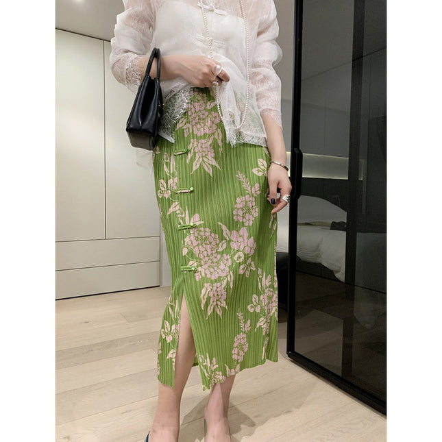 New Chinese-style Miyake Ruffled and Pressed Elastic Waist Stretch Vent Printed Buckle Mid-length Pencil Skirt Women's Skirt