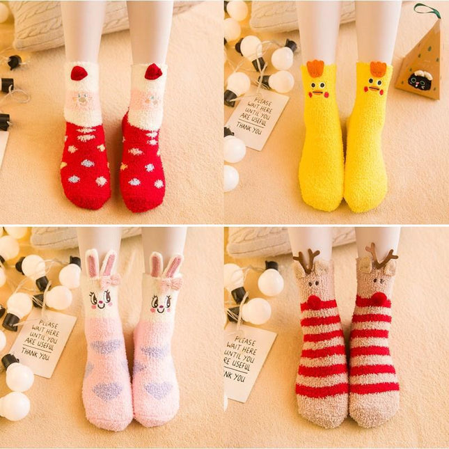 Coral Fleece Japanese-Style Christmas Socks with Embroidered 3D Cartoon Design, Boxed Floor Socks, Half Fleece Socks for Women