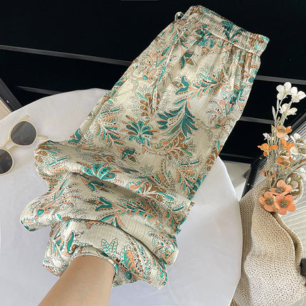 Real Shot Green Floral Wide Leg Pants Women's Summer 2025 New Seaside Vacation Cotton Linen Loose Lace-up Pants