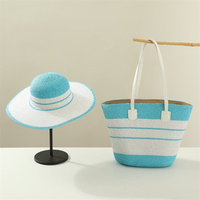 Foreign Trade Two-Piece Summer Straw Bag Set Large Brim Striped Straw Hat and Straw Bag Set Tote Handbag