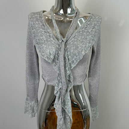 South Korea Dongdaemun New Product Touching Sexy Feminine Ruffled Ribbon Slim Lace Shirt sn