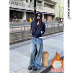 Navy blue 028 double-ended zipper back panel cardigan (autumn and winter plus velvet) / S