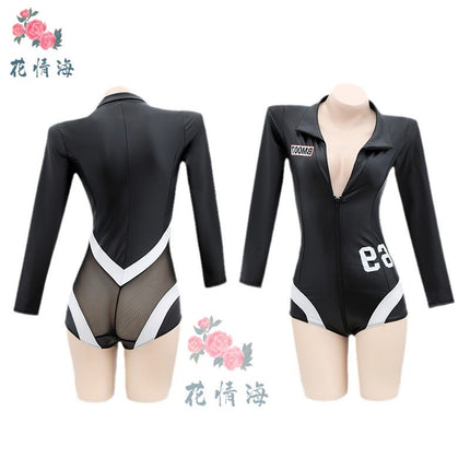 Flower Love Sea Sexy Underwear Sexy Leather Bearer Suit 69 Zipper Open File Free Patent Leather Racing Suit A753