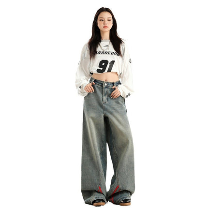 New American Style Retro Red Stitching Striped Jeans Women's Early Autumn New Loose Straight Wide Leg Pants