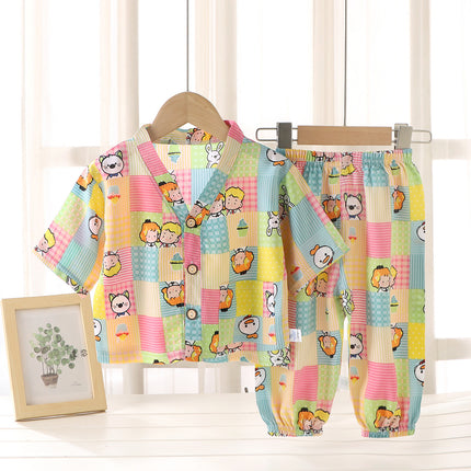 Children's Home Clothes Cotton Silk Suit Summer Boys and Girls Pajamas Artificial Cotton Two-Piece Set Cotton Silk Air-Conditioned Clothes Kidsren's Clothing