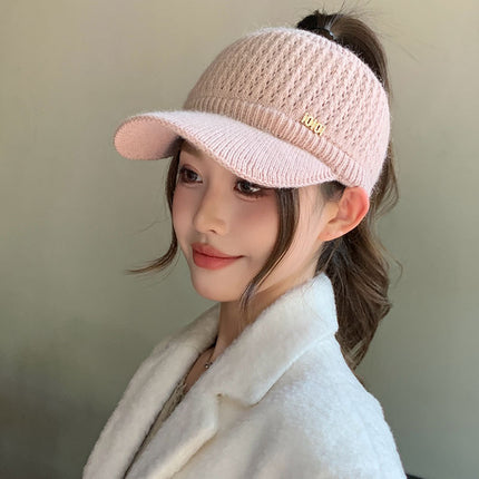 Winter Cycling Warm Windproof Rabbit Fur Digital Label Knit Visor Cap for Women Autumn Face-Slimming