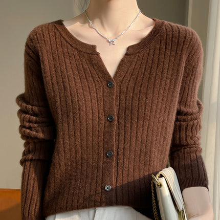 Autumn and Winter New Versatile Loose Sweater Niche Short Cardigan with Round V-Neck Design Ribbed Knit for Women