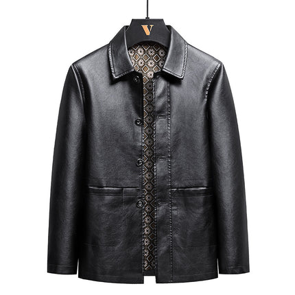 Leather coat men's autumn and winter New dad wear business casual lapel high-grade light mature style middle-aged leather suit jacket