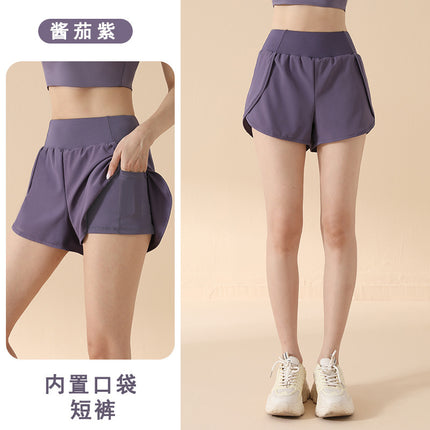 2026 Fake Two-Piece High-Waisted Hip-Lifting Sports Shorts for Women, Anti-Exposure Side Pockets, Loose Fit for Running, Fitness, and Yoga