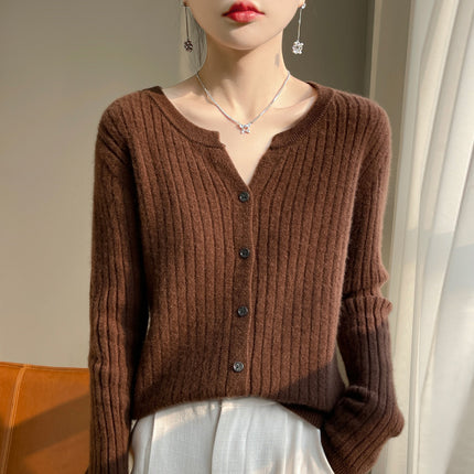 Korean-style Round V-neck Pit-strip Cardigan Women's Knitted Sweater Top Long-sleeved Solid Color Jacket Spring/Autumn/Winter Women's Knitted Jacket