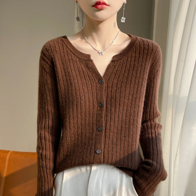 Korean-style Round V-neck Pit-strip Cardigan Women's Knitted Sweater Top Long-sleeved Solid Color Jacket Spring/Autumn/Winter Women's Knitted Jacket